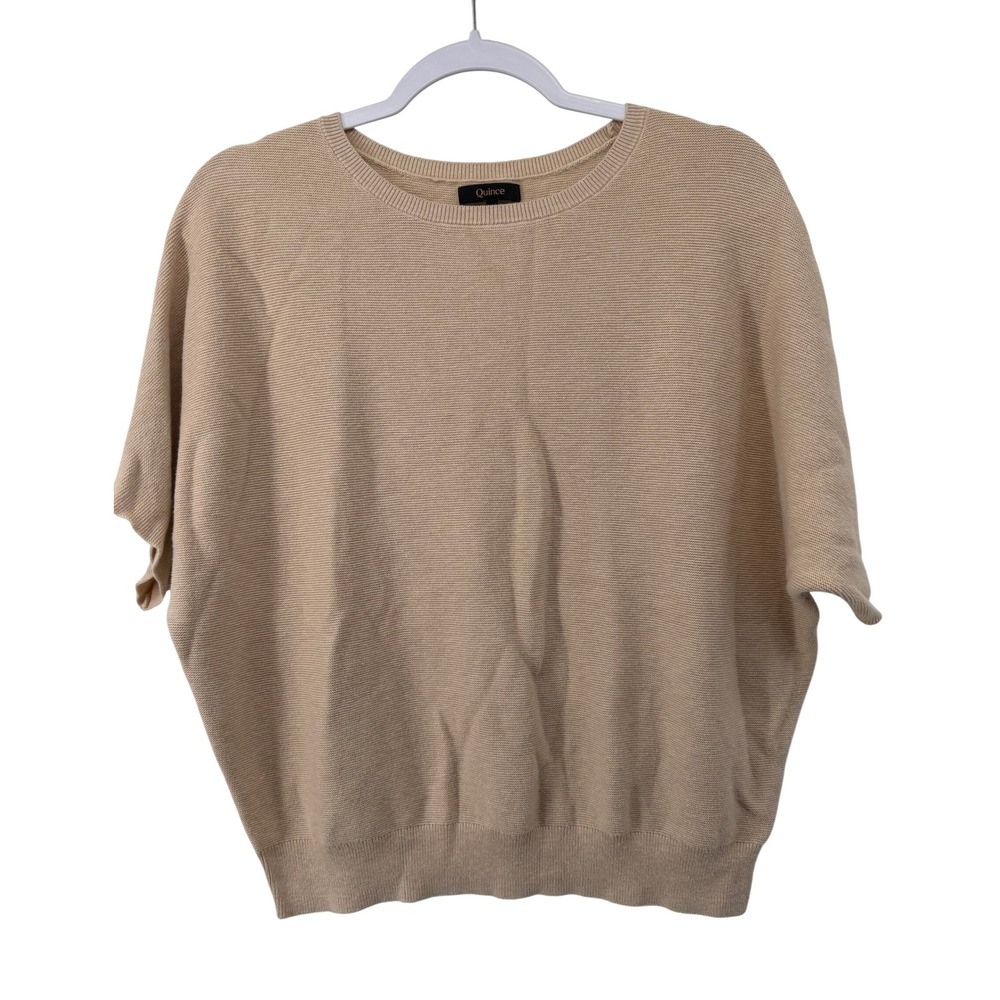 Quince Women Tan Beige Organic Cotton Cashmere Dolman Short Sleeve Sweater M